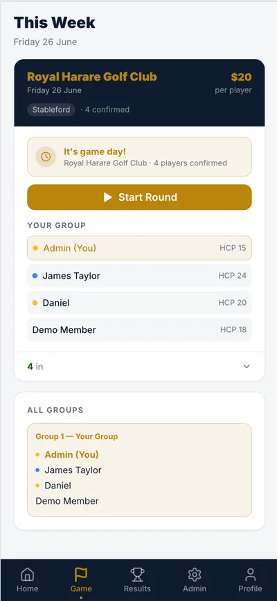 This week: game day at Royal Harare, your group with handicaps, start round button