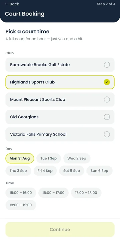 BTA app court booking: pick a club, day and time