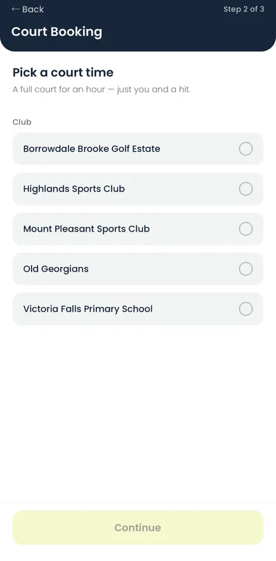 Court booking: choosing a club from a list