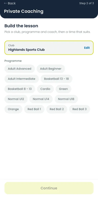 Private coaching: build a lesson by club, programme and coach