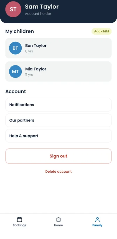 Family screen listing the account holder's children