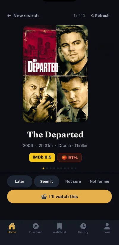 Suggestion card for The Departed with IMDb and Rotten Tomatoes ratings and reaction buttons