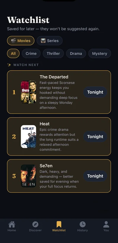 Watchlist ranked for tonight with a reason for each title