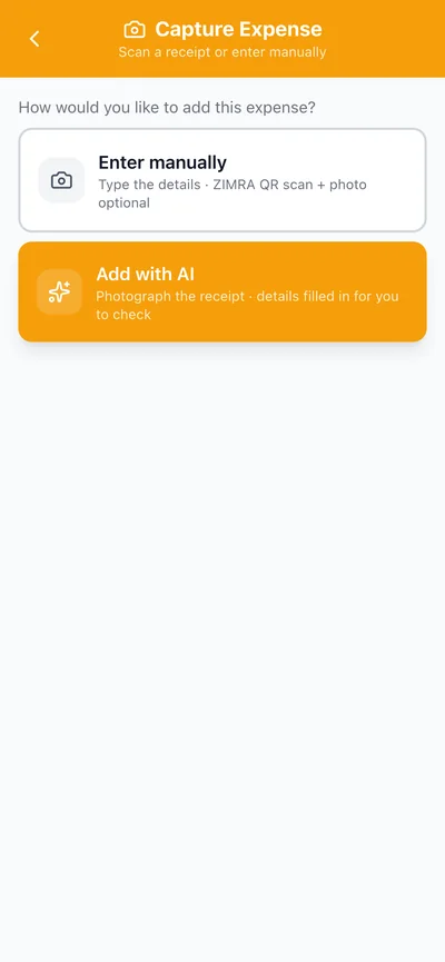 Capture expense screen with manual entry or AI photo of the receipt