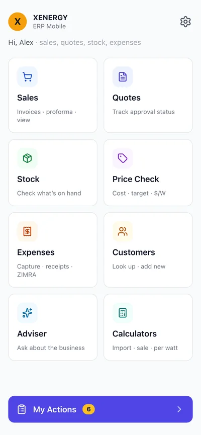 Xenergy ERP mobile app home screen