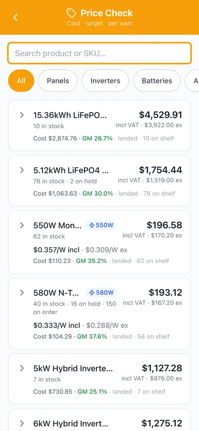Price check screen showing cost, target price, margin and stock on hand for a product