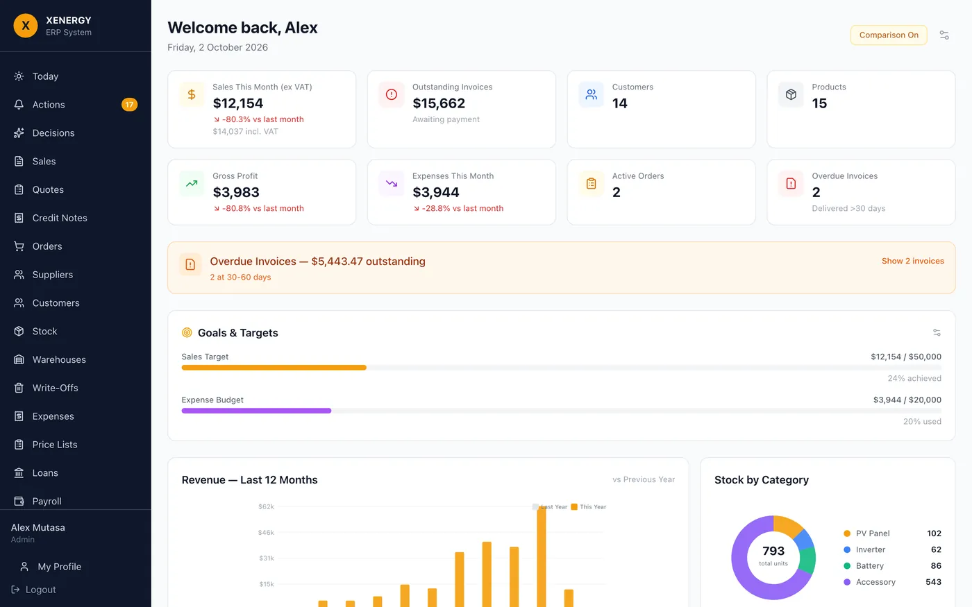 Xenergy ERP dashboard: sales this month, outstanding invoices, gross profit, expenses, targets, a twelve-month revenue chart and stock by category