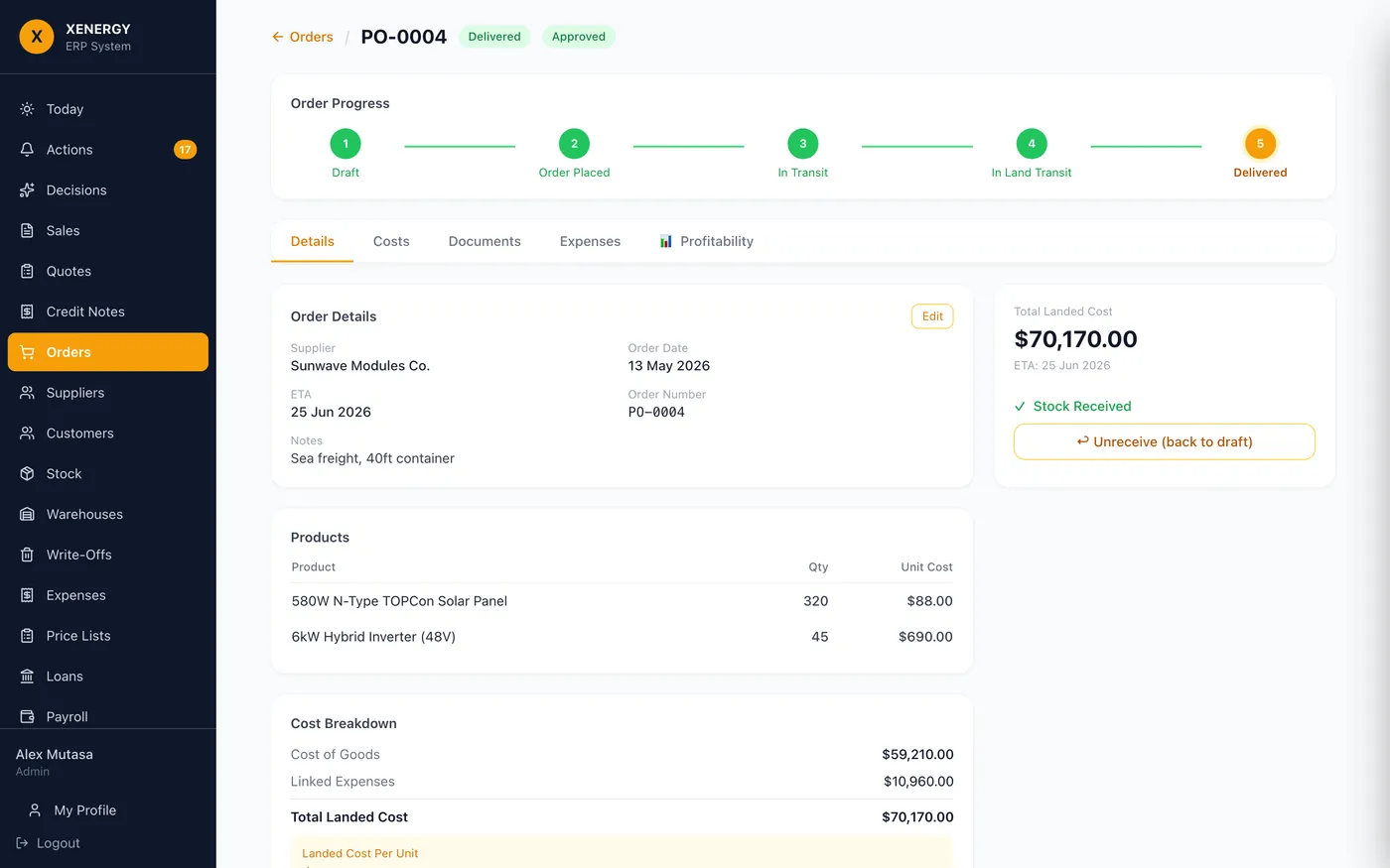 Purchase order detail showing delivery progress, products received and costs