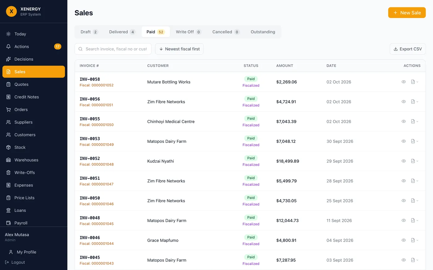 Sales list with invoice numbers, customers, amounts and statuses